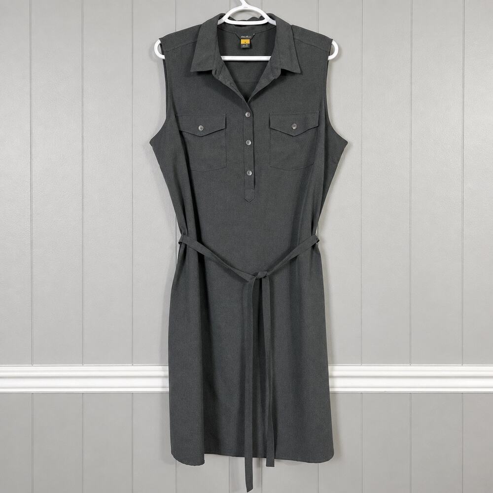 Eddie Bauer Shirt Dress Womens XL Gray Sleeveless Belted Stretch Utility